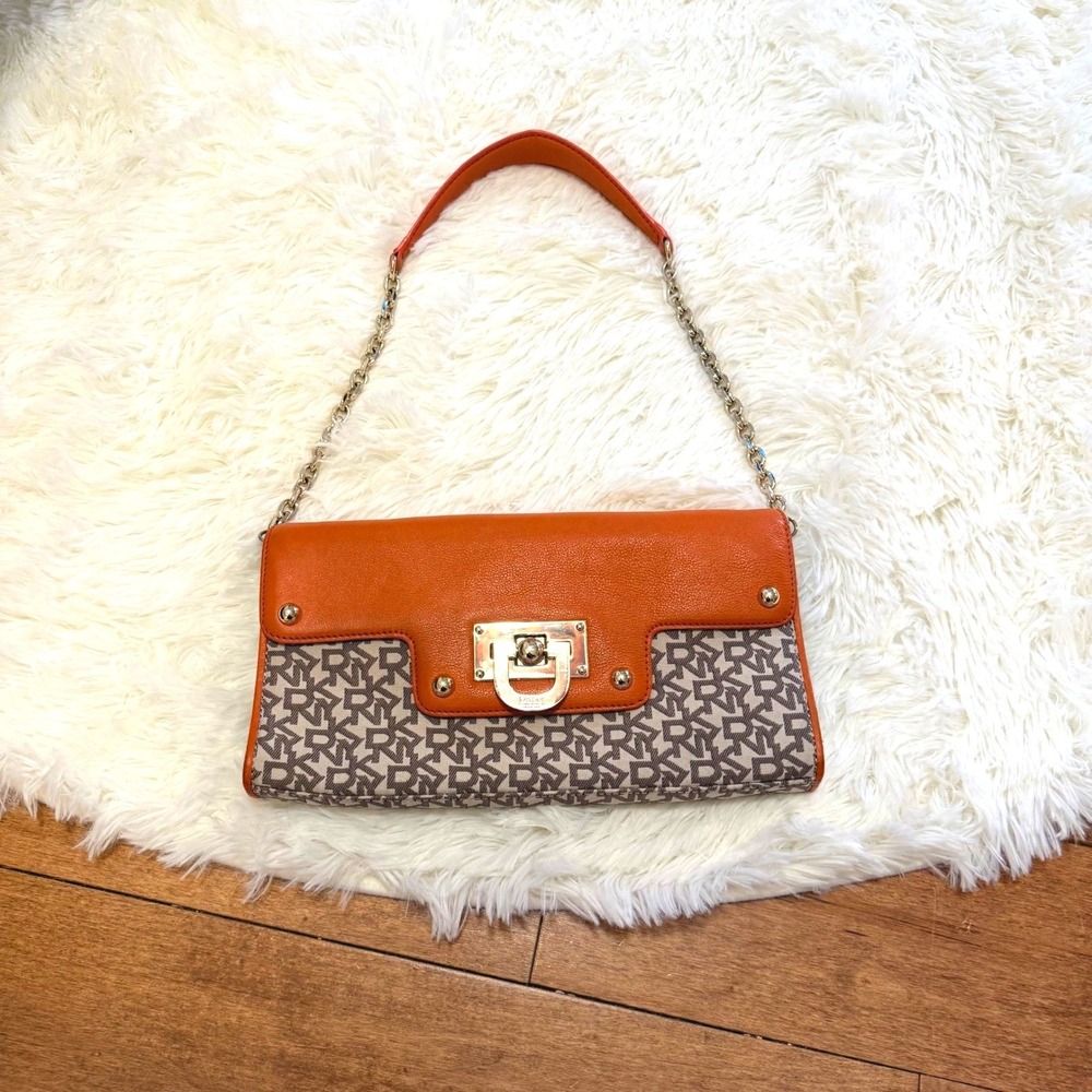 DKNY Monogram Logo Orange Leather Trim Shoulder Bag Baguette Purse Gold Hardware - Picture 3 of 5